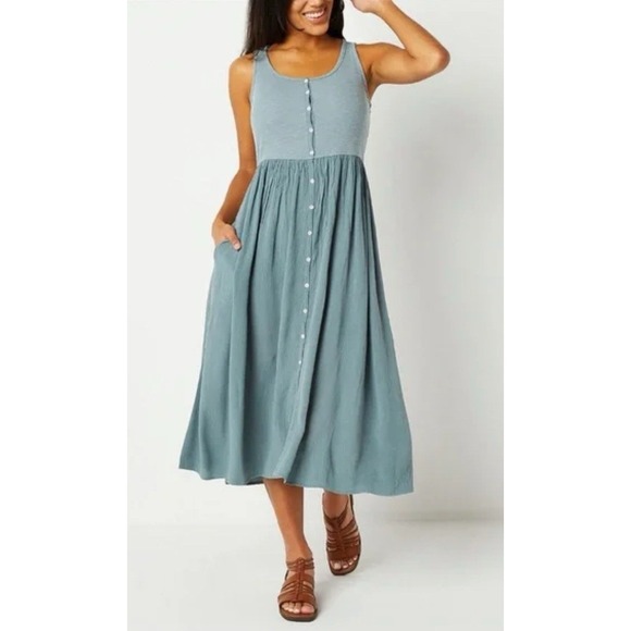 Frye Dress XS Desert Blue Sleeveless Midi Pockets Stretch Boho Beach Peasant - Picture 1 of 10